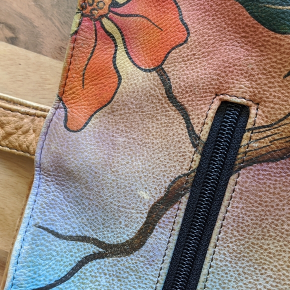 Anna by Anuschka Genuine Leather Large Shopper Bag Bird on Branch Hand Painted - Picture 8 of 16